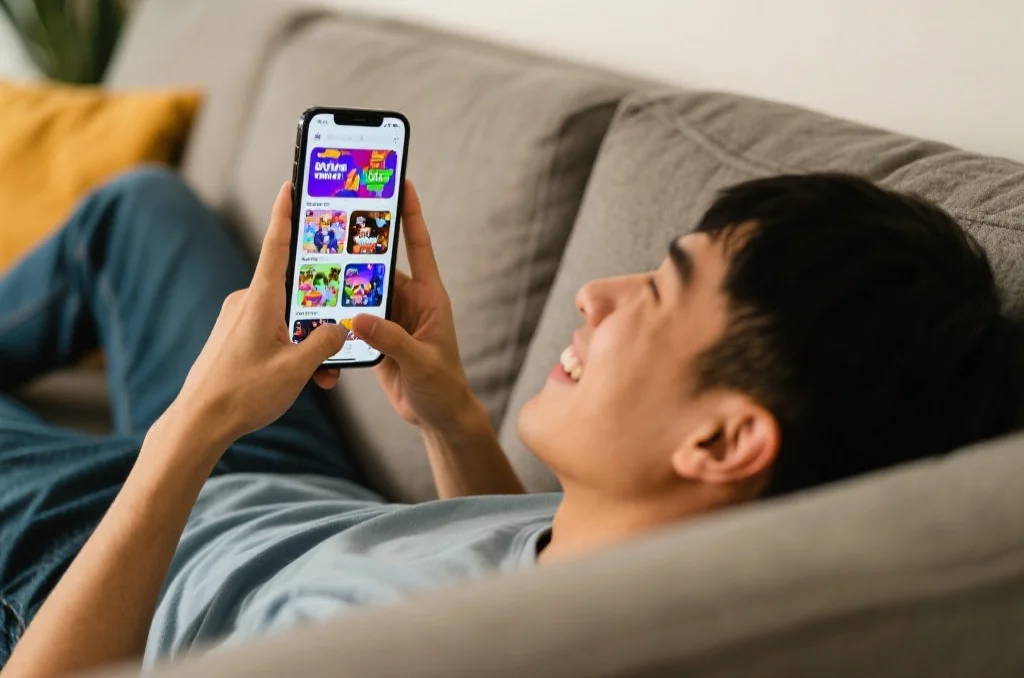 一位年轻人躺在沙发上,愉快地用智能手机使用娱乐APP,屏幕上显示丰富多彩的娱乐内容